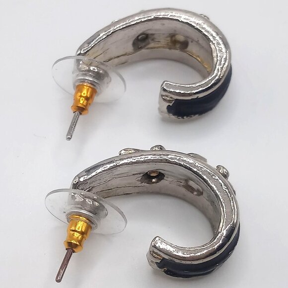 Panther Earrings Black Enamel Silver-Tone Pierced Back Open Half Hoop 1"Earrings - Picture 4 of 11